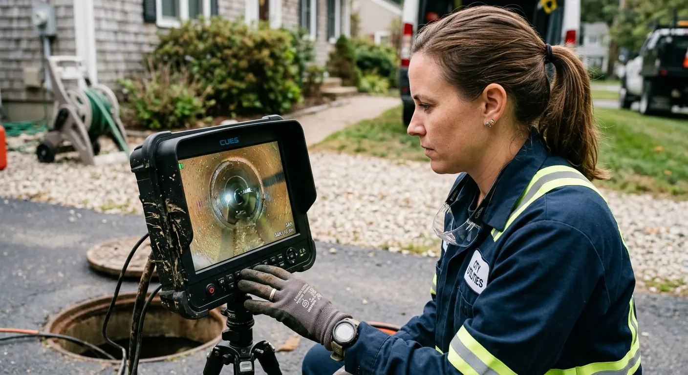 Technician reviewing sewer camera inspection footage in Tequesta