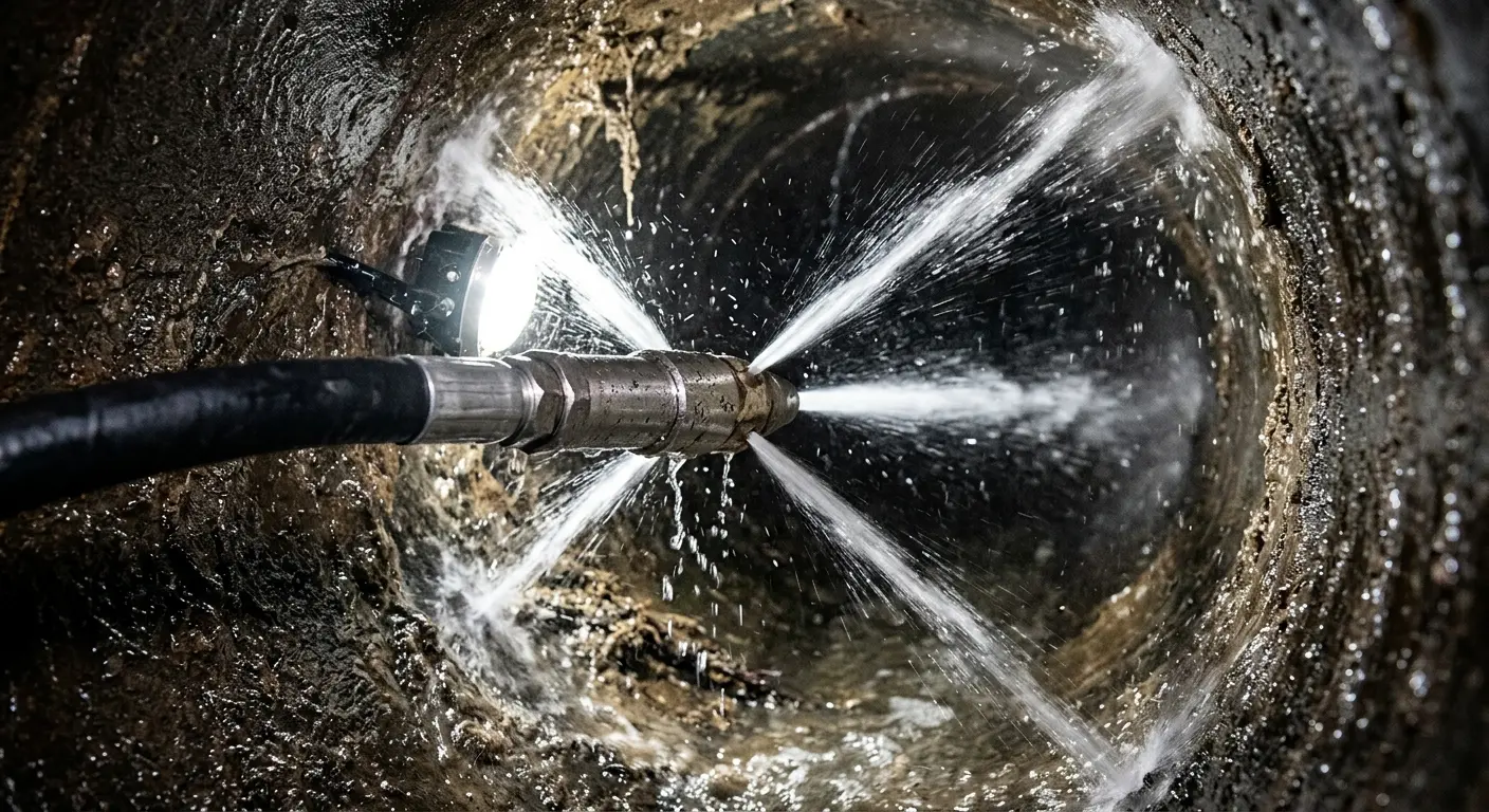 High-pressure hydro jetting nozzle cleaning sewer pipe for Emergency Drain Service in Tequesta