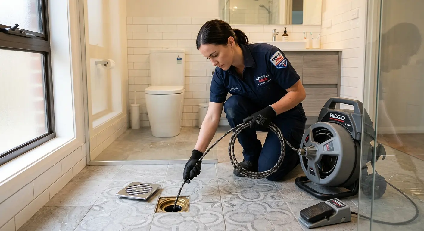 Technician clearing a bathroom floor drain for Clogged Drain Repair in Tequesta